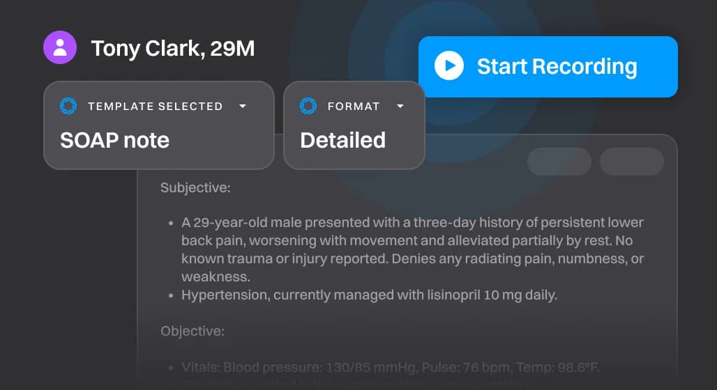 Close Notes Without Typing - SOAP notes, care plans, and charges captured automatically while the provider focuses on care.